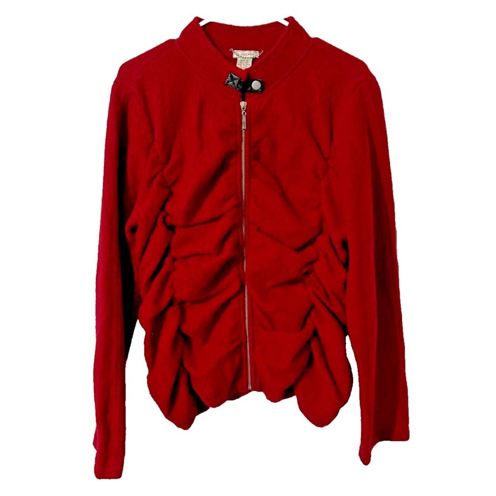 2 Friends Red Wool Zip Up Jacket Ruched Front Scalloped Hem XL